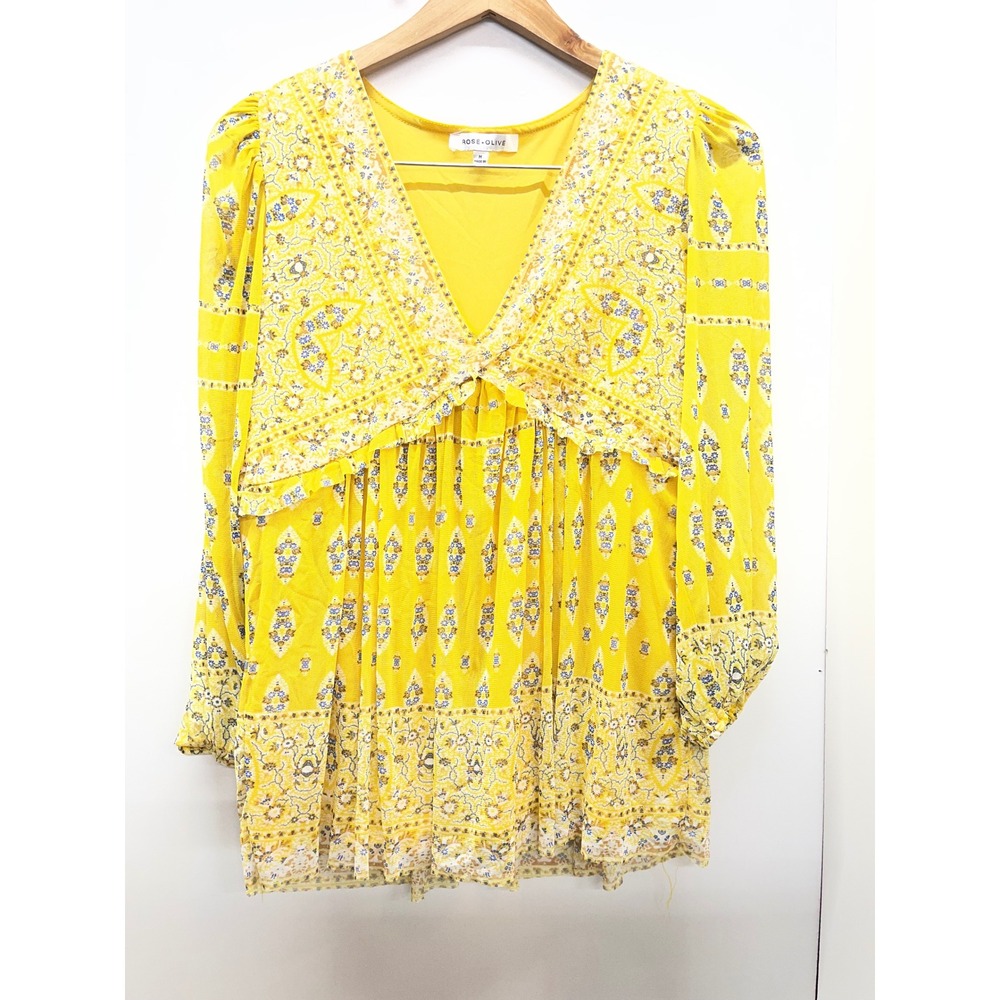 Rose + Olive Yellow Paisley Medallion Boho V-Neck Babydoll Tunic Top Medium